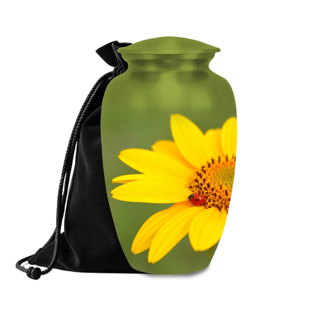 sunflower ladybug cremation urn for human ashes, handmade aluminum memorial urn – photo 1