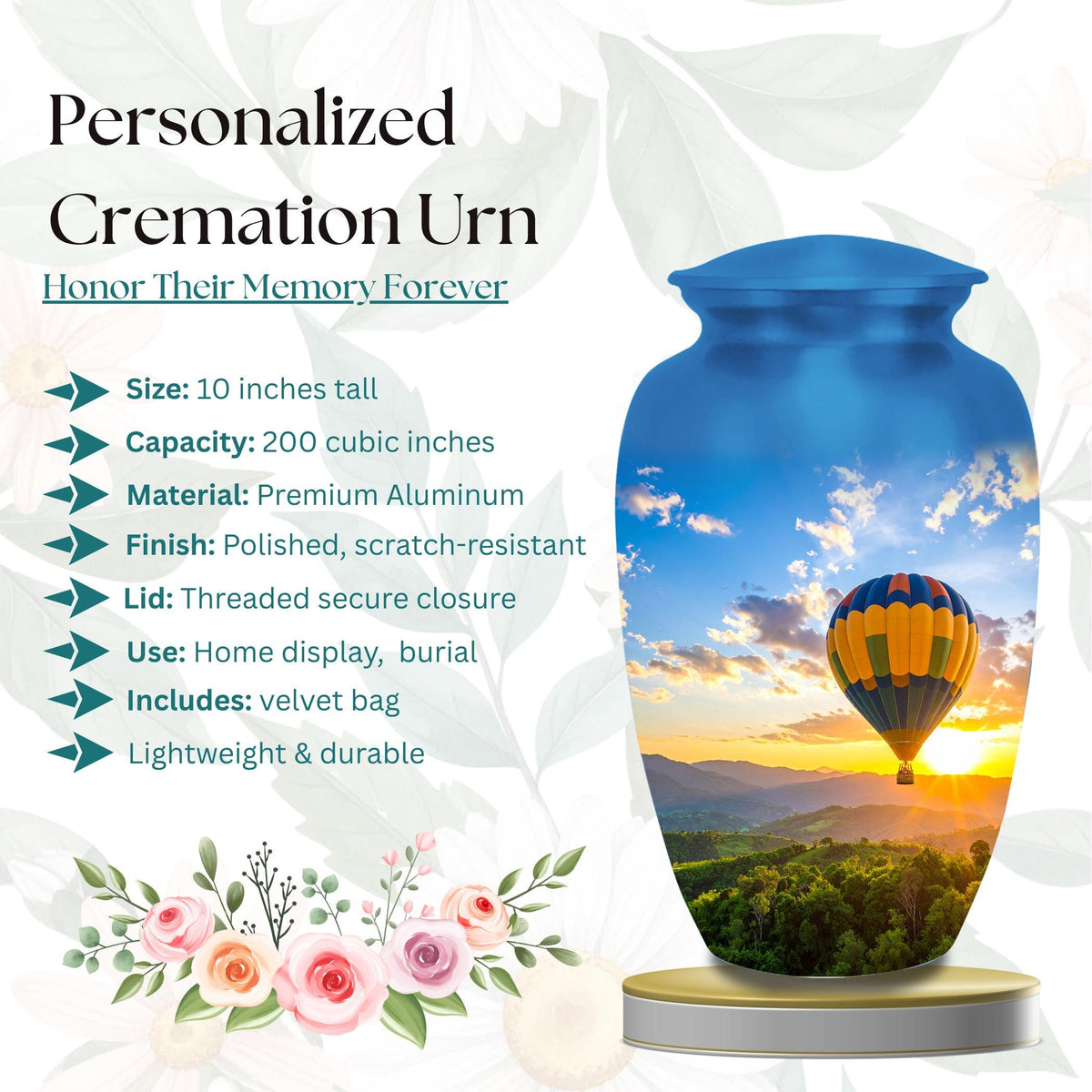 hot air balloon sunset cremation urn for human ashes, handmade aluminum memorial urn – photo 2