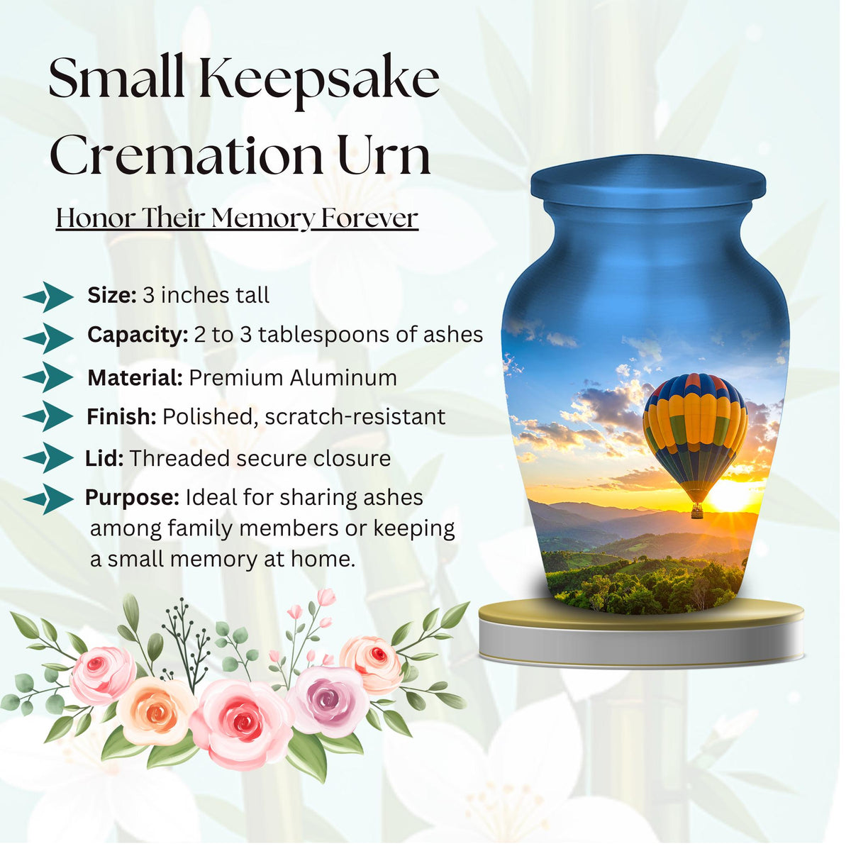 hot air balloon sunset cremation urn for human ashes, handmade aluminum memorial urn – photo 7