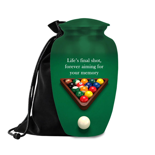 billiards pool player cremation urn for human ashes, handmade aluminum memorial urn – photo 1