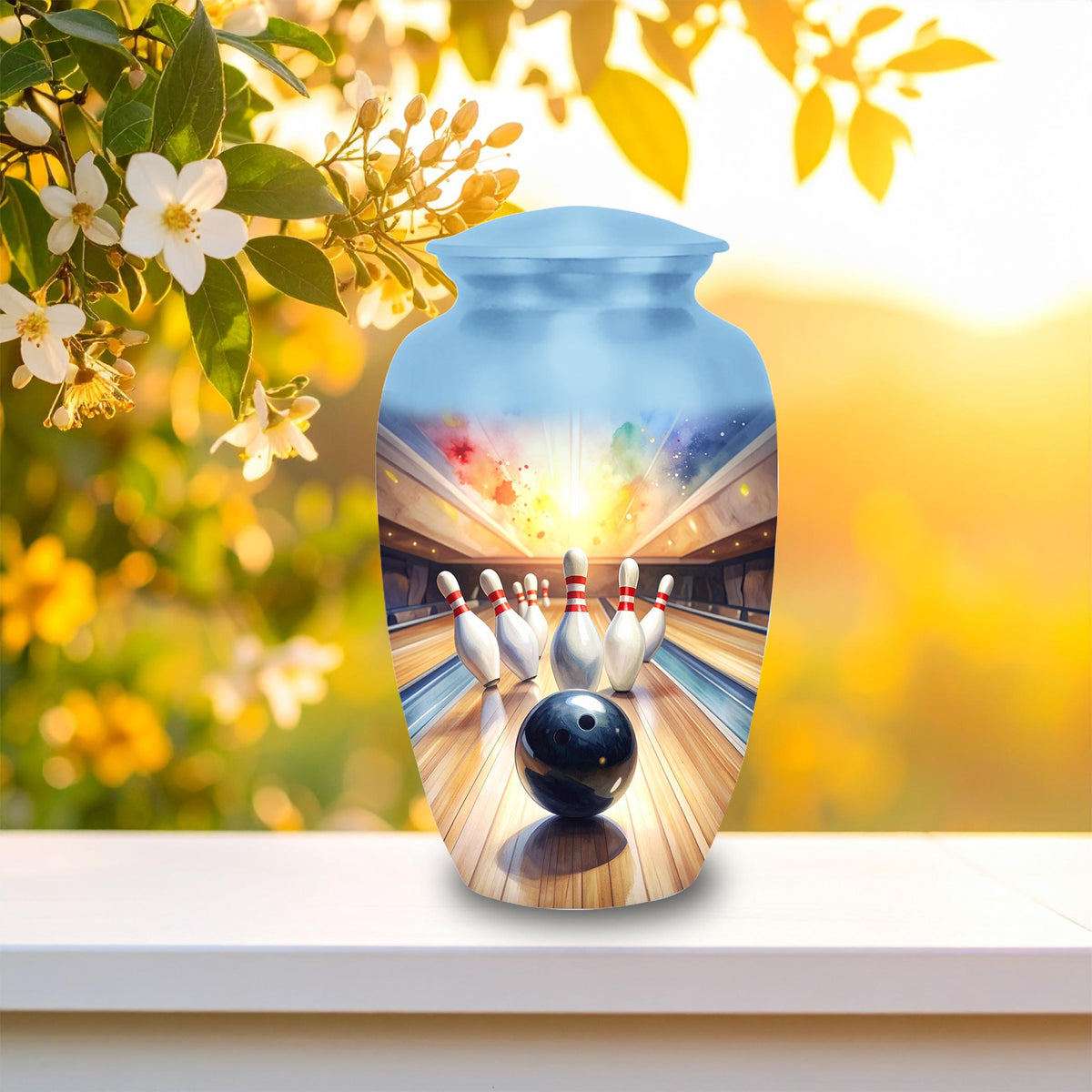 bowling alley cremation urn for human ashes, handmade aluminum memorial urn – photo 3