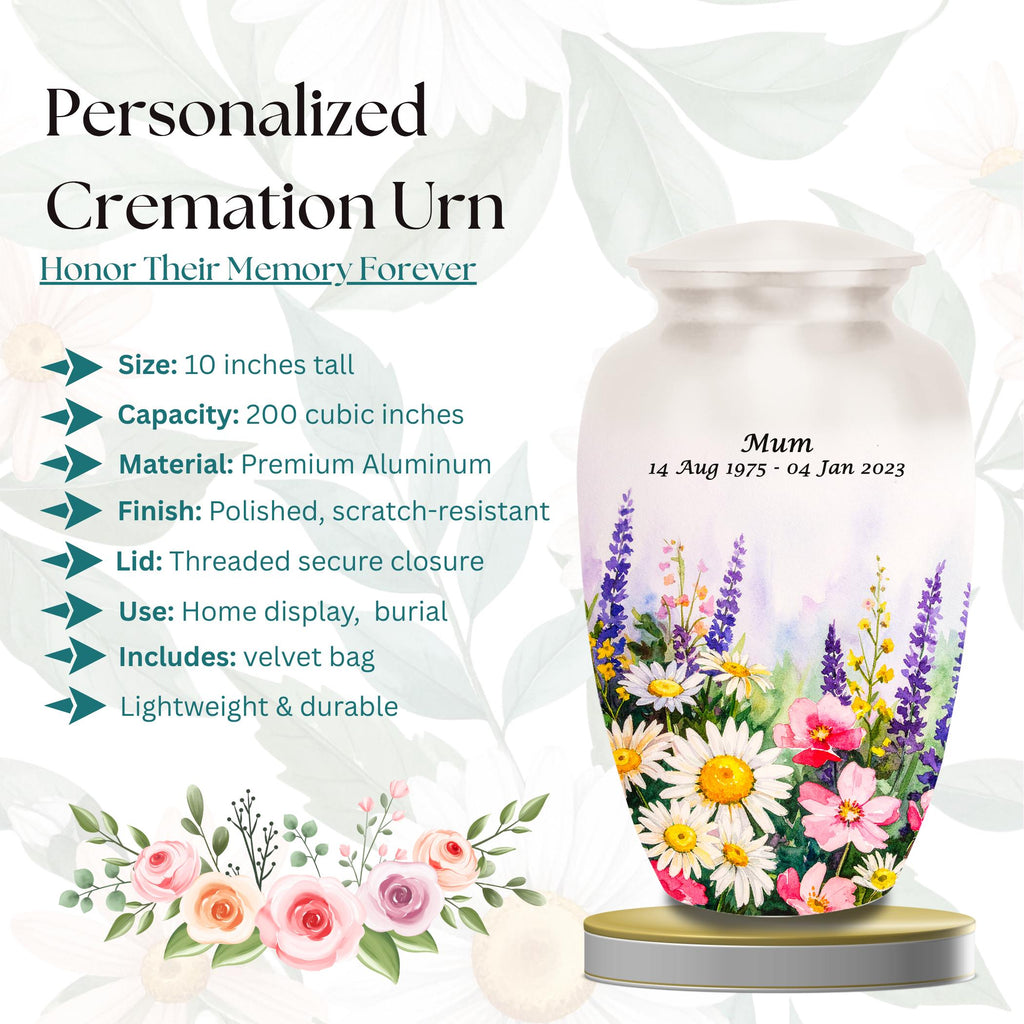 elegant floral tribute cremation urn for human ashes, handmade aluminum memorial urn – photo 6