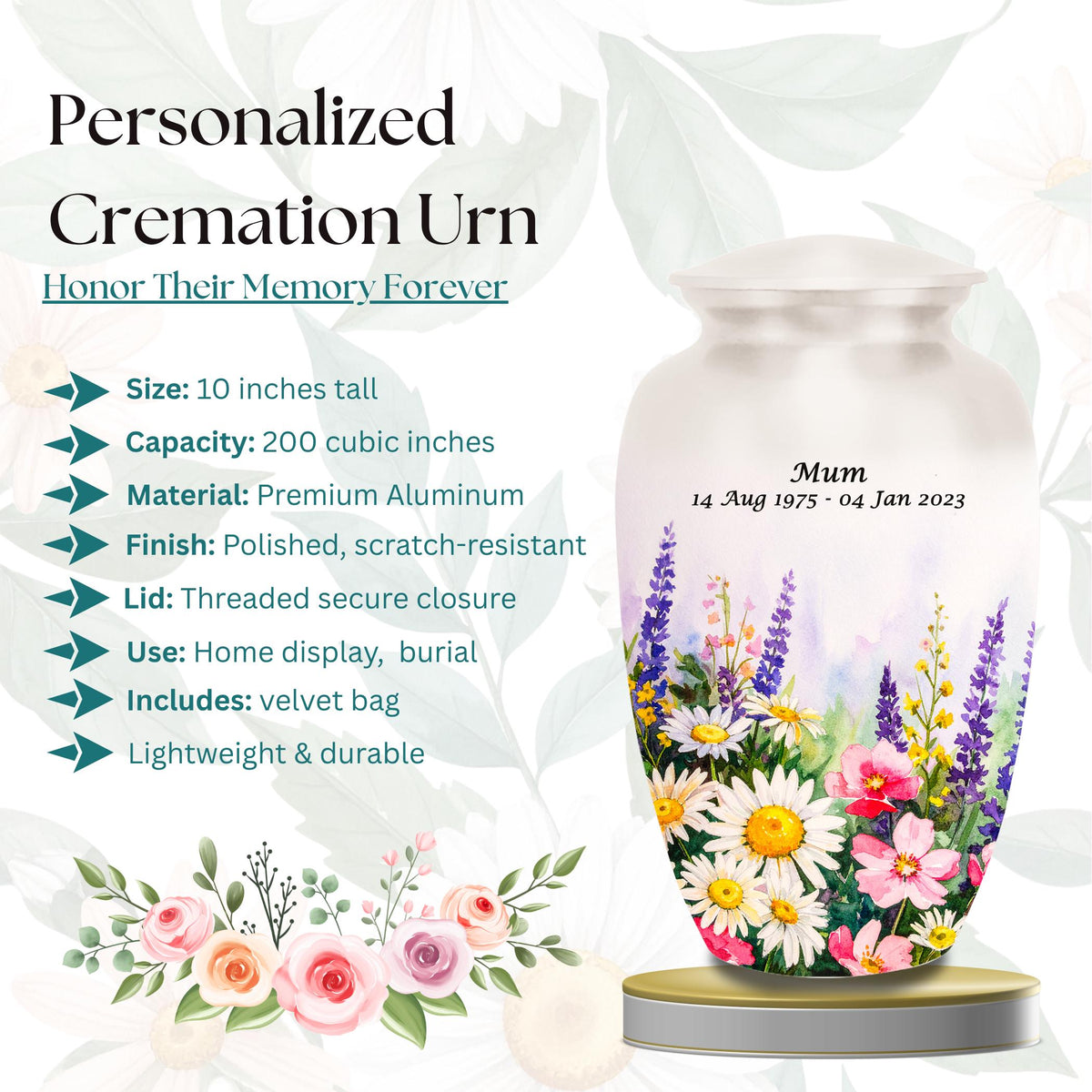 elegant floral tribute cremation urn for human ashes, handmade aluminum memorial urn – photo 6