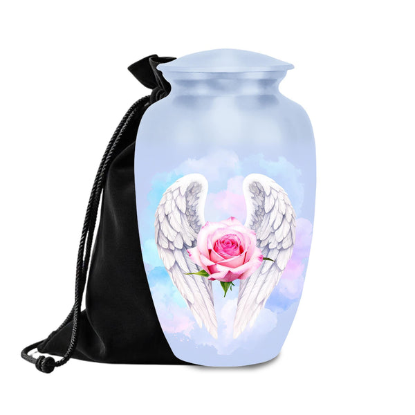 angel wings pink rose cremation urn for human ashes, handmade aluminum memorial urn – photo 1