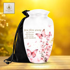 pink butterfly watercolor floral cremation urn for human ashes, handmade aluminum memorial urn – photo 1