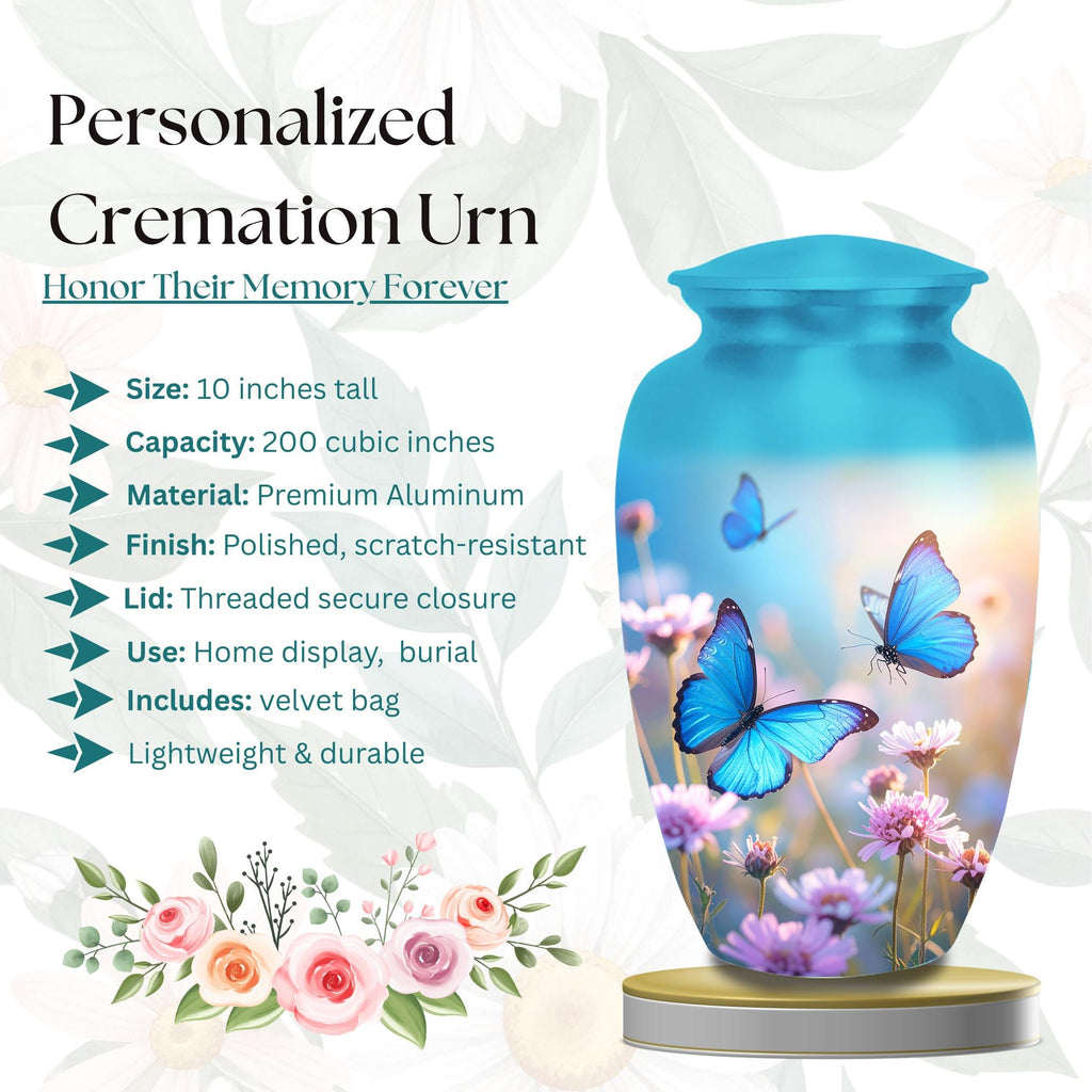blue butterfly wildflower cremation urn for human ashes, handmade aluminum memorial urn – photo 3