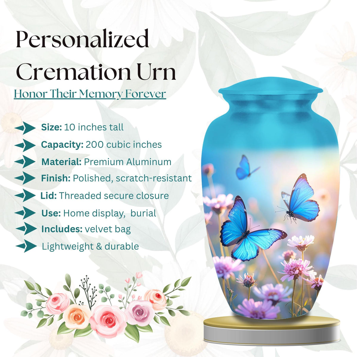 blue butterfly wildflower cremation urn for human ashes, handmade aluminum memorial urn – photo 3