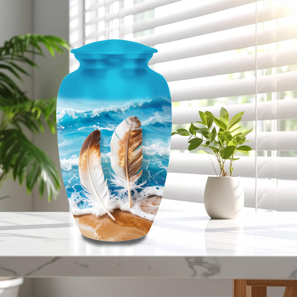 feather beach ocean cremation urn for human ashes, handmade aluminum memorial urn – photo 5