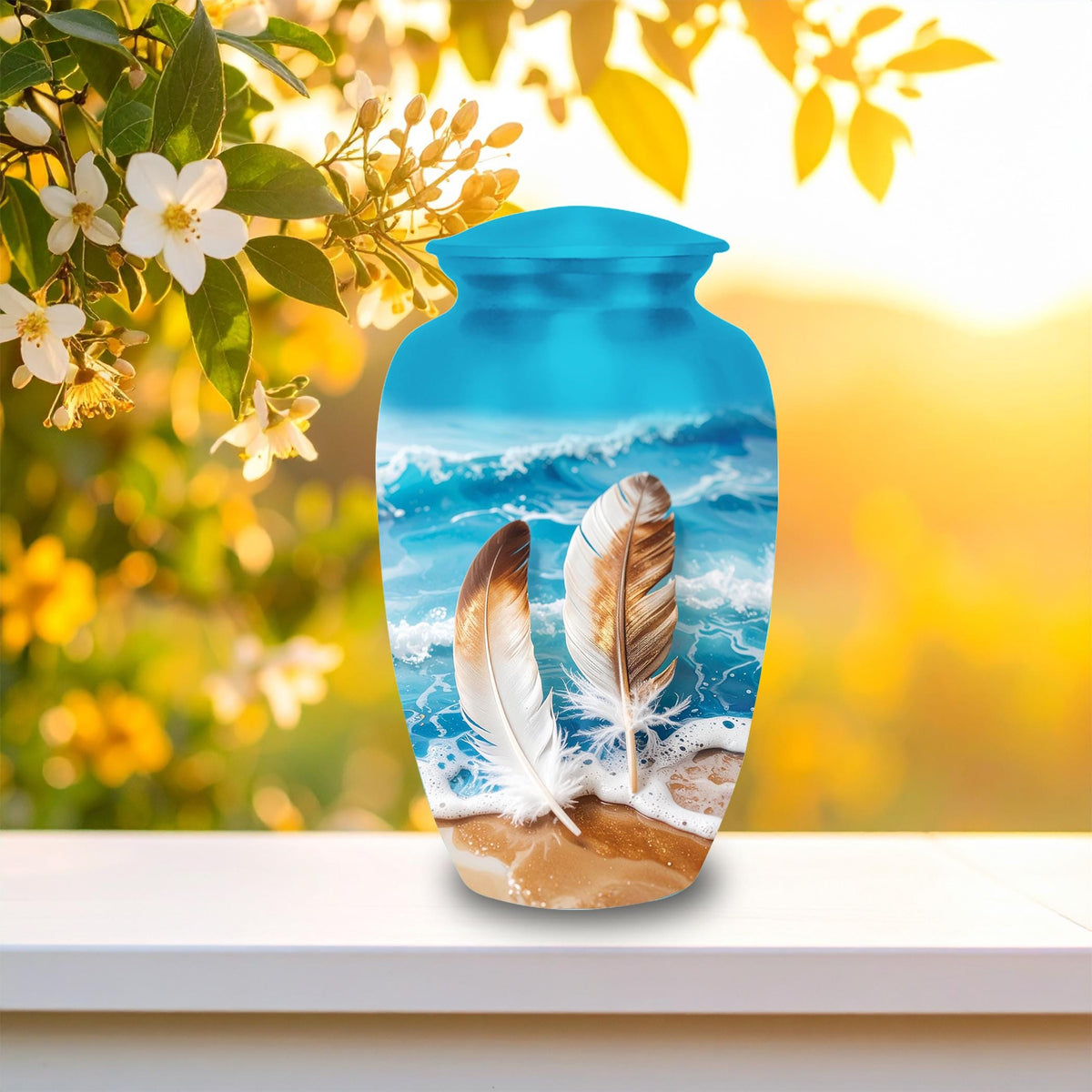 feather beach ocean cremation urn for human ashes, handmade aluminum memorial urn – photo 4