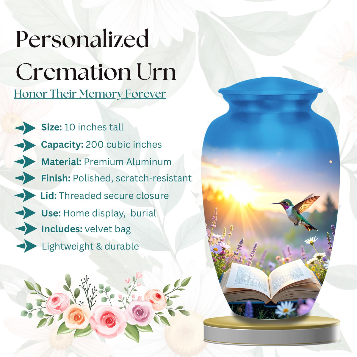 hummingbird open book meadow cremation urn for human ashes, handmade aluminum memorial urn – photo 2