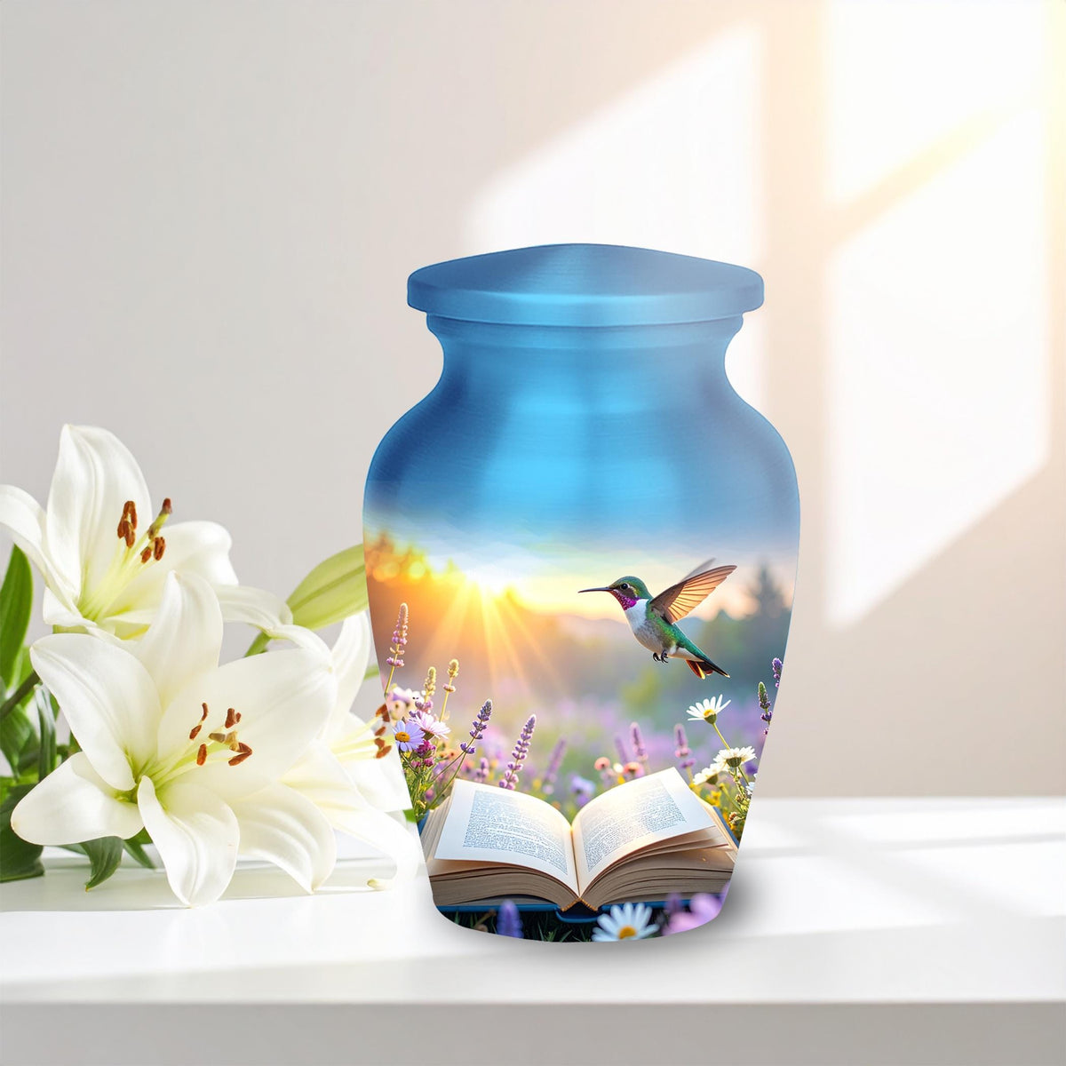 hummingbird open book meadow cremation urn for human ashes, handmade aluminum memorial urn – photo 3