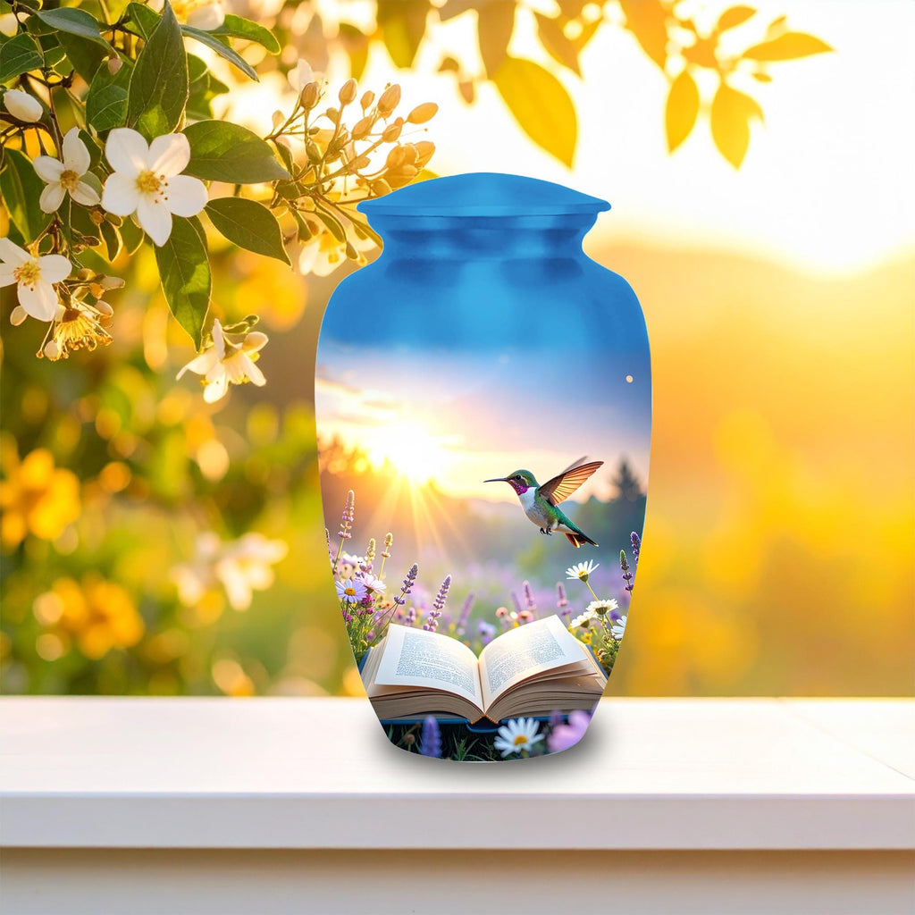 hummingbird open book meadow cremation urn for human ashes, handmade aluminum memorial urn – photo 8