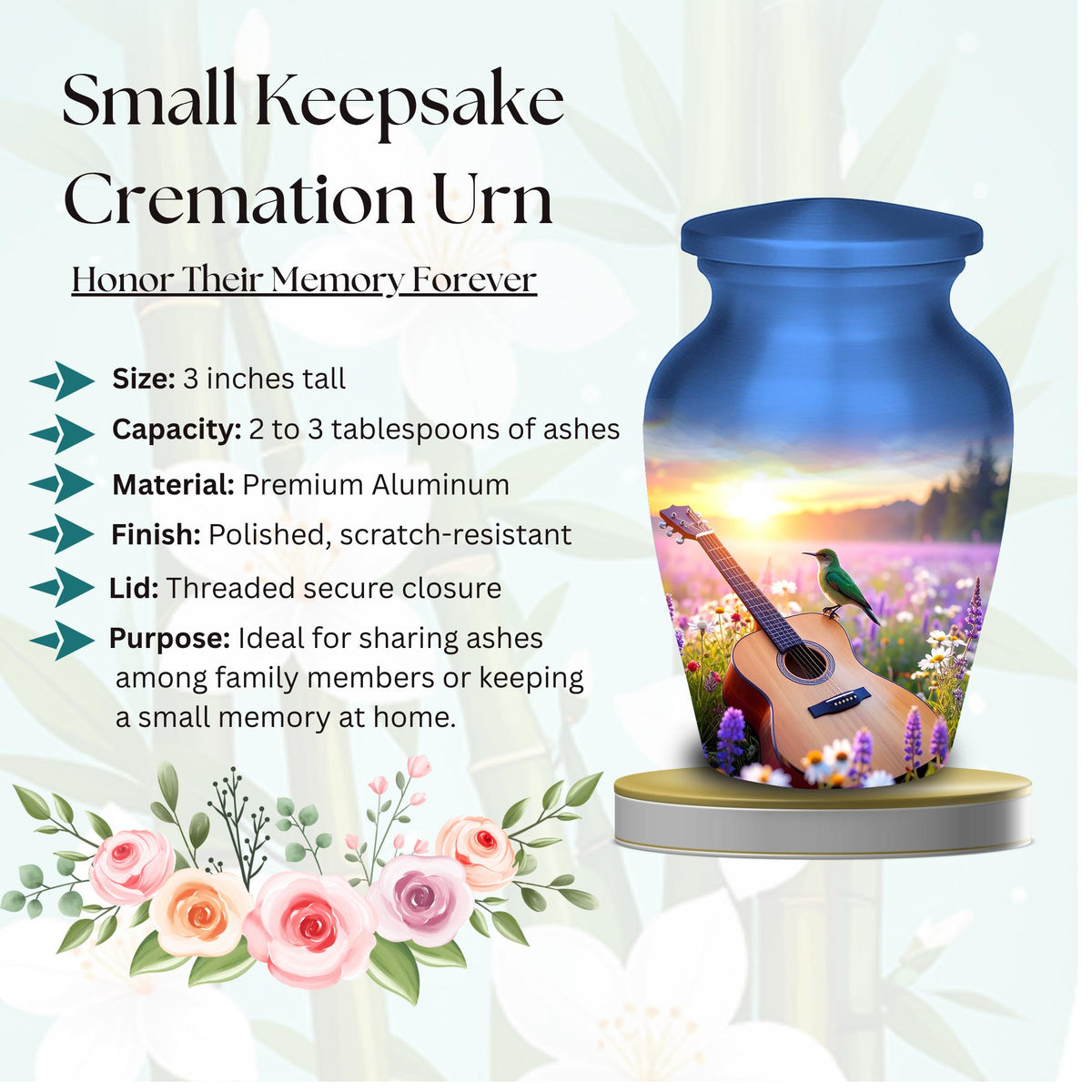 guitar hummingbird sunset cremation urn for human ashes, handmade aluminum memorial urn – photo 6