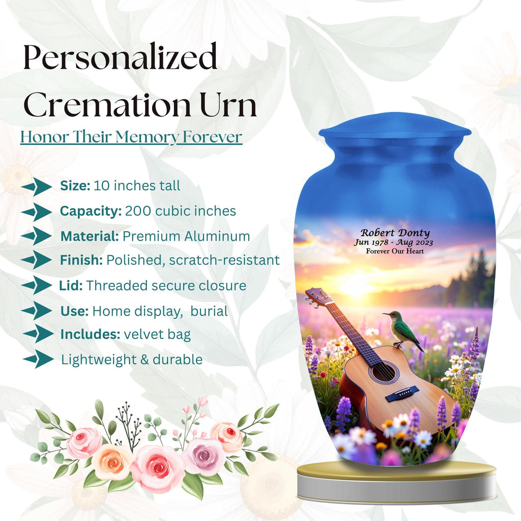 guitar hummingbird sunset cremation urn for human ashes, handmade aluminum memorial urn – photo 2