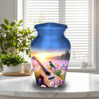 guitar hummingbird sunset cremation urn for human ashes, handmade aluminum memorial urn – photo 5