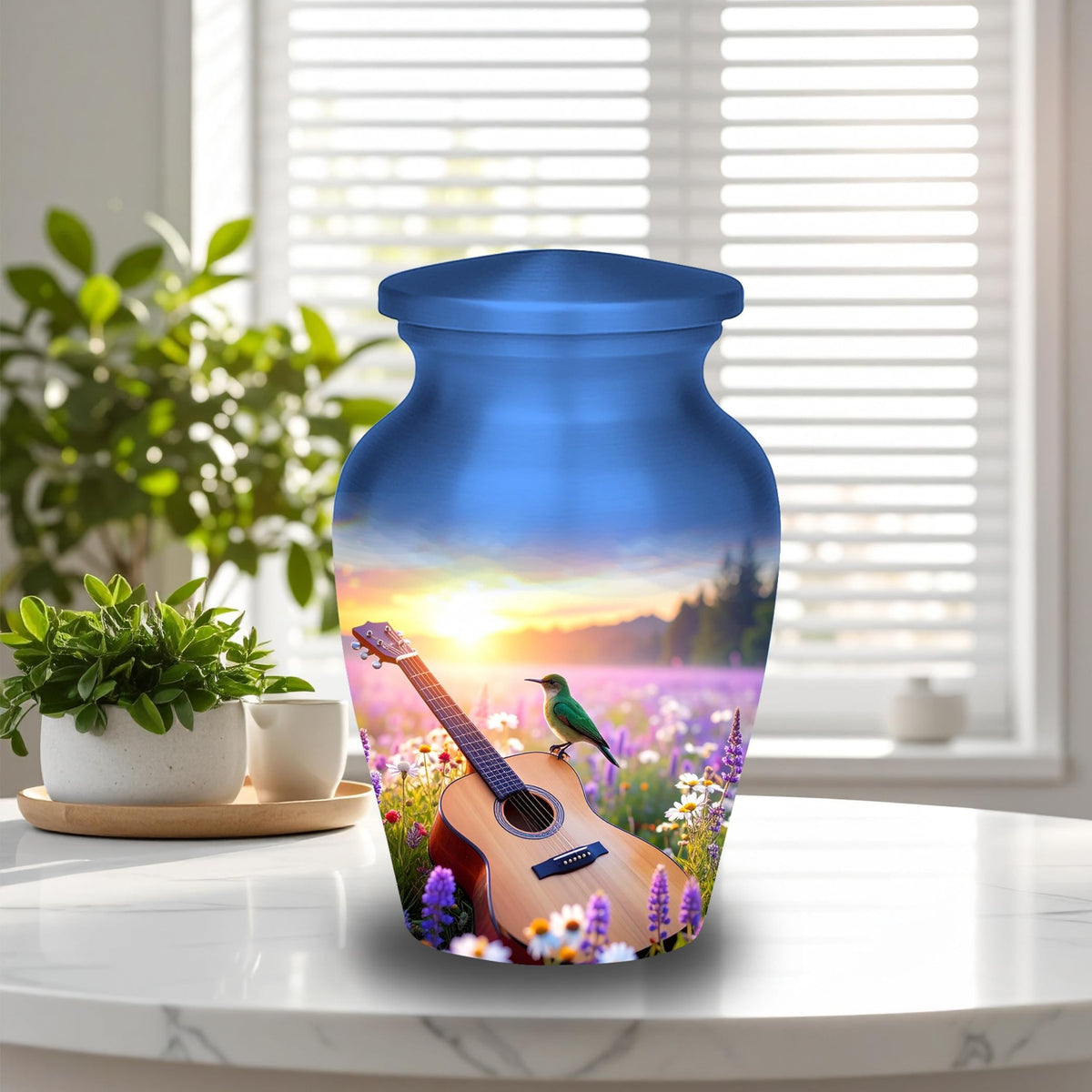 guitar hummingbird sunset cremation urn for human ashes, handmade aluminum memorial urn – photo 5