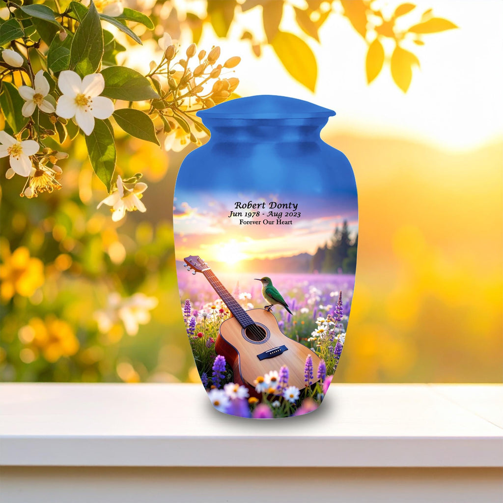 guitar hummingbird sunset cremation urn for human ashes, handmade aluminum memorial urn – photo 4