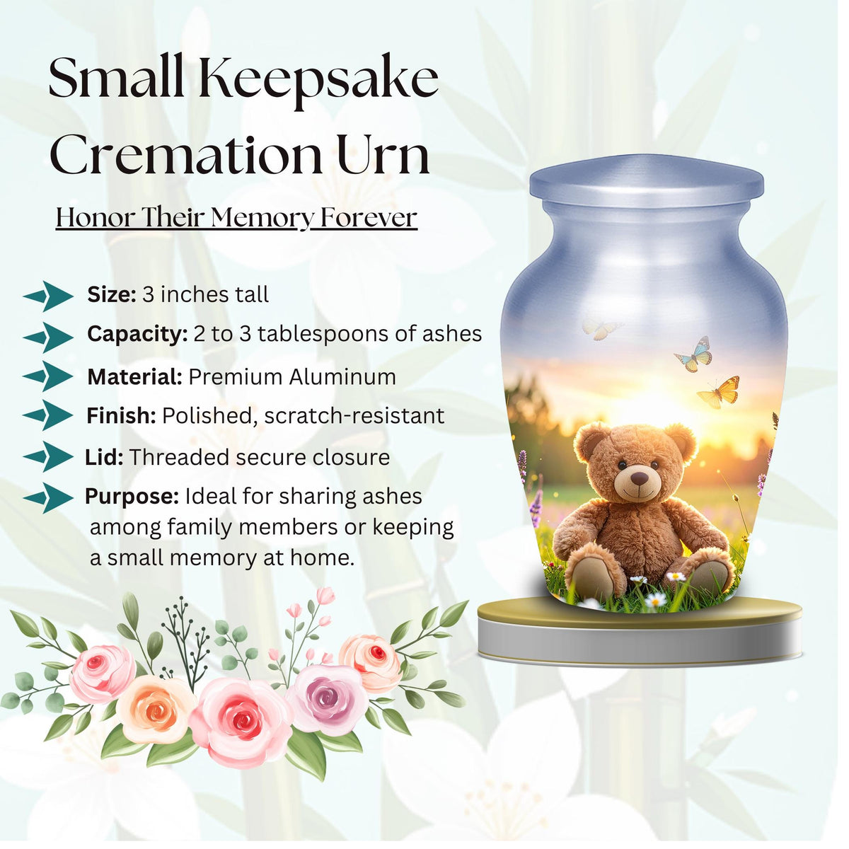 teddy bear butterfly cremation urn for human ashes, handmade aluminum memorial urn – photo 4