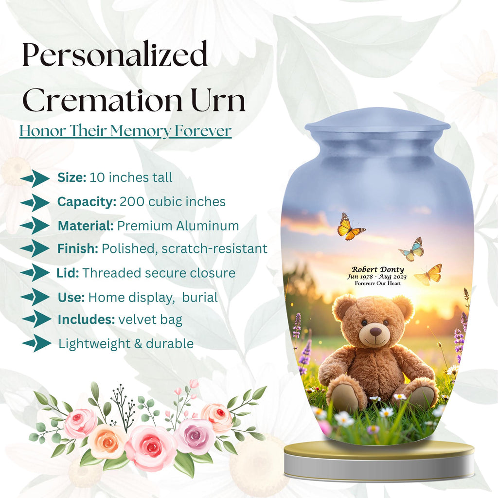 teddy bear butterfly cremation urn for human ashes, handmade aluminum memorial urn – photo 2