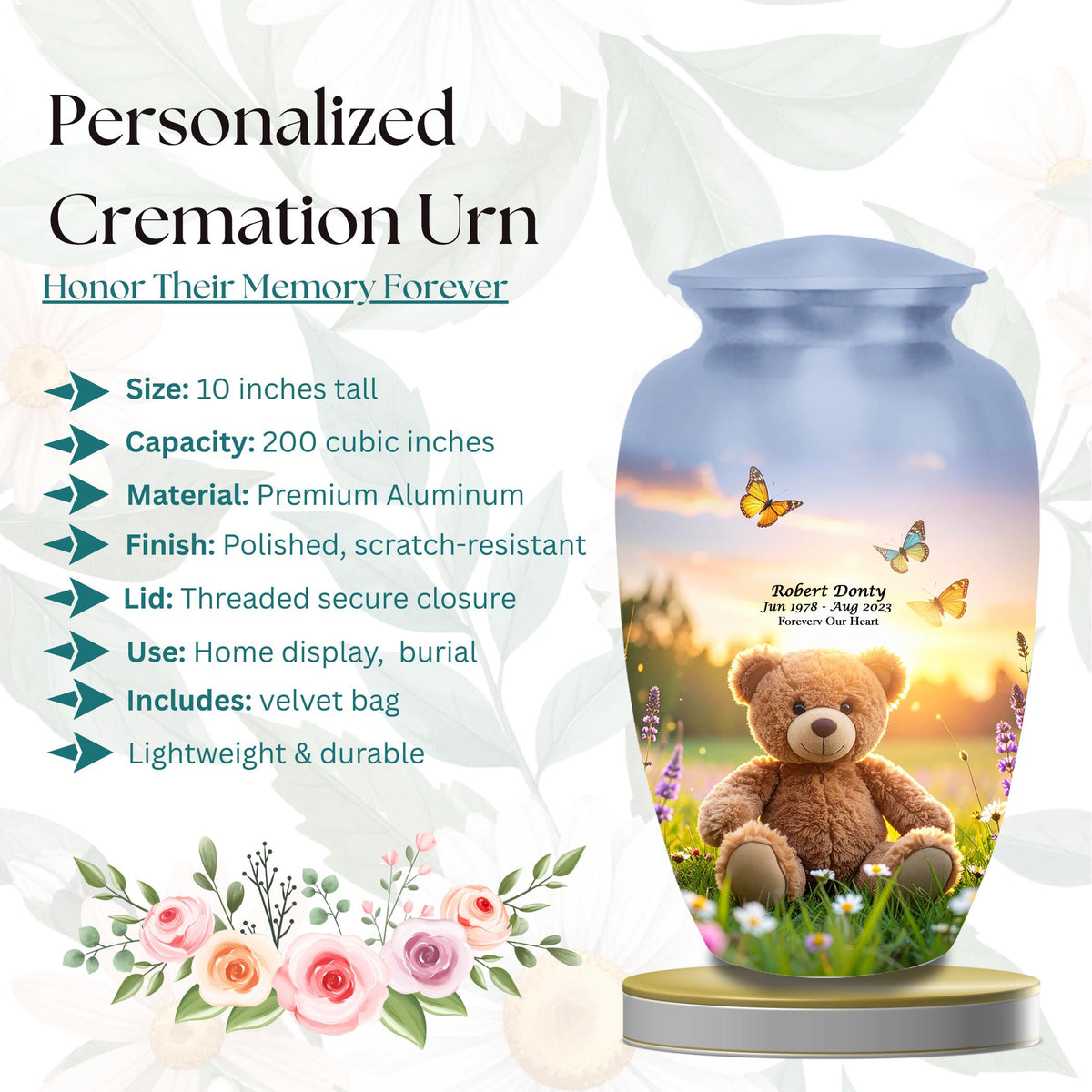 teddy bear butterfly cremation urn for human ashes, handmade aluminum memorial urn – photo 2