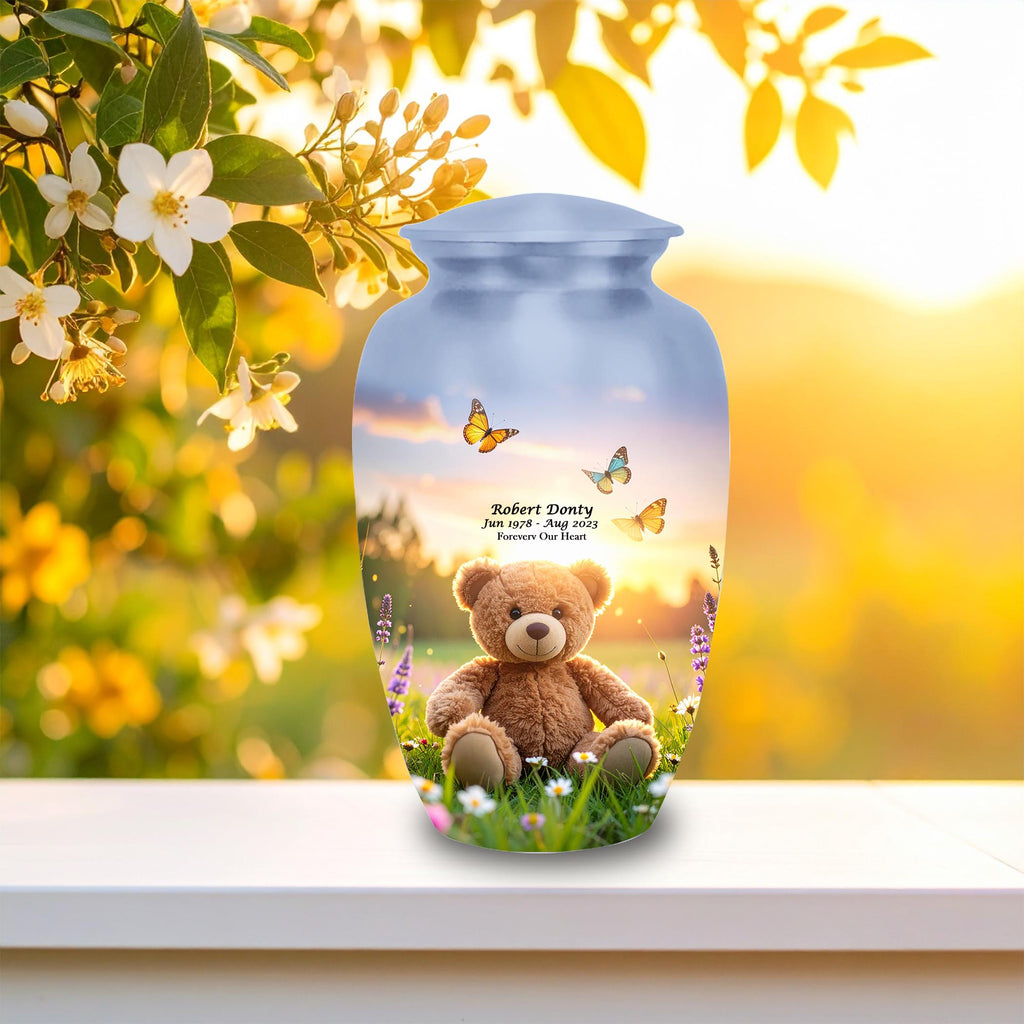 teddy bear butterfly cremation urn for human ashes, handmade aluminum memorial urn – photo 6