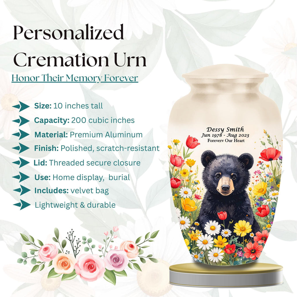 black bear wildflower meadow cremation urn for human ashes, handmade aluminum memorial urn – photo 2