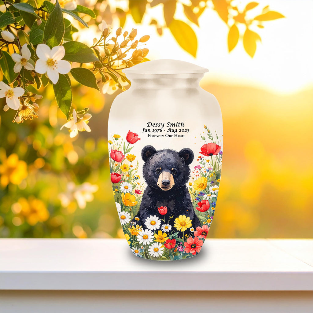 black bear wildflower meadow cremation urn for human ashes, handmade aluminum memorial urn – photo 5