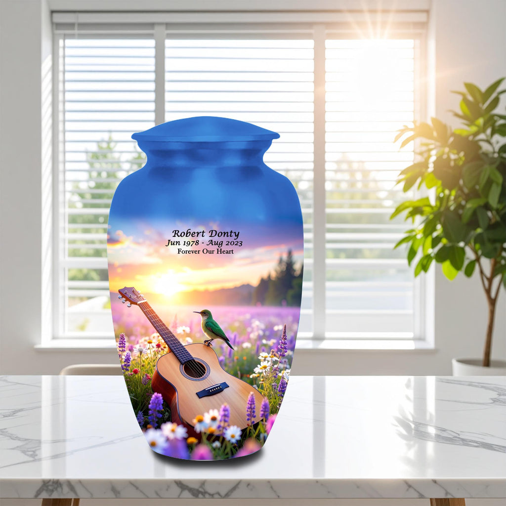 guitar hummingbird sunset cremation urn for human ashes, handmade aluminum memorial urn – photo 1