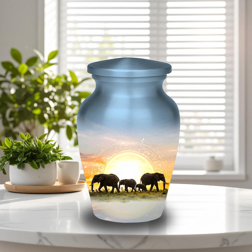 elephant sunrise safari cremation urn for human ashes, handmade aluminum memorial urn – photo 3