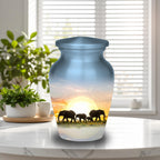 elephant sunrise safari cremation urn for human ashes, handmade aluminum memorial urn – photo 3