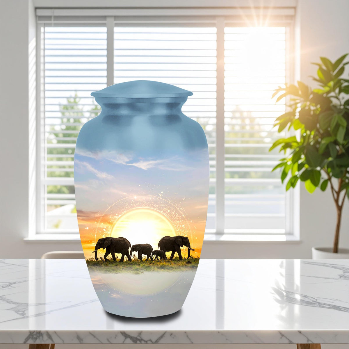 elephant sunrise safari cremation urn for human ashes, handmade aluminum memorial urn – photo 5