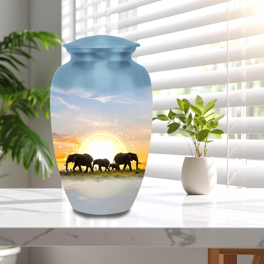 elephant sunrise safari cremation urn for human ashes, handmade aluminum memorial urn – photo 10