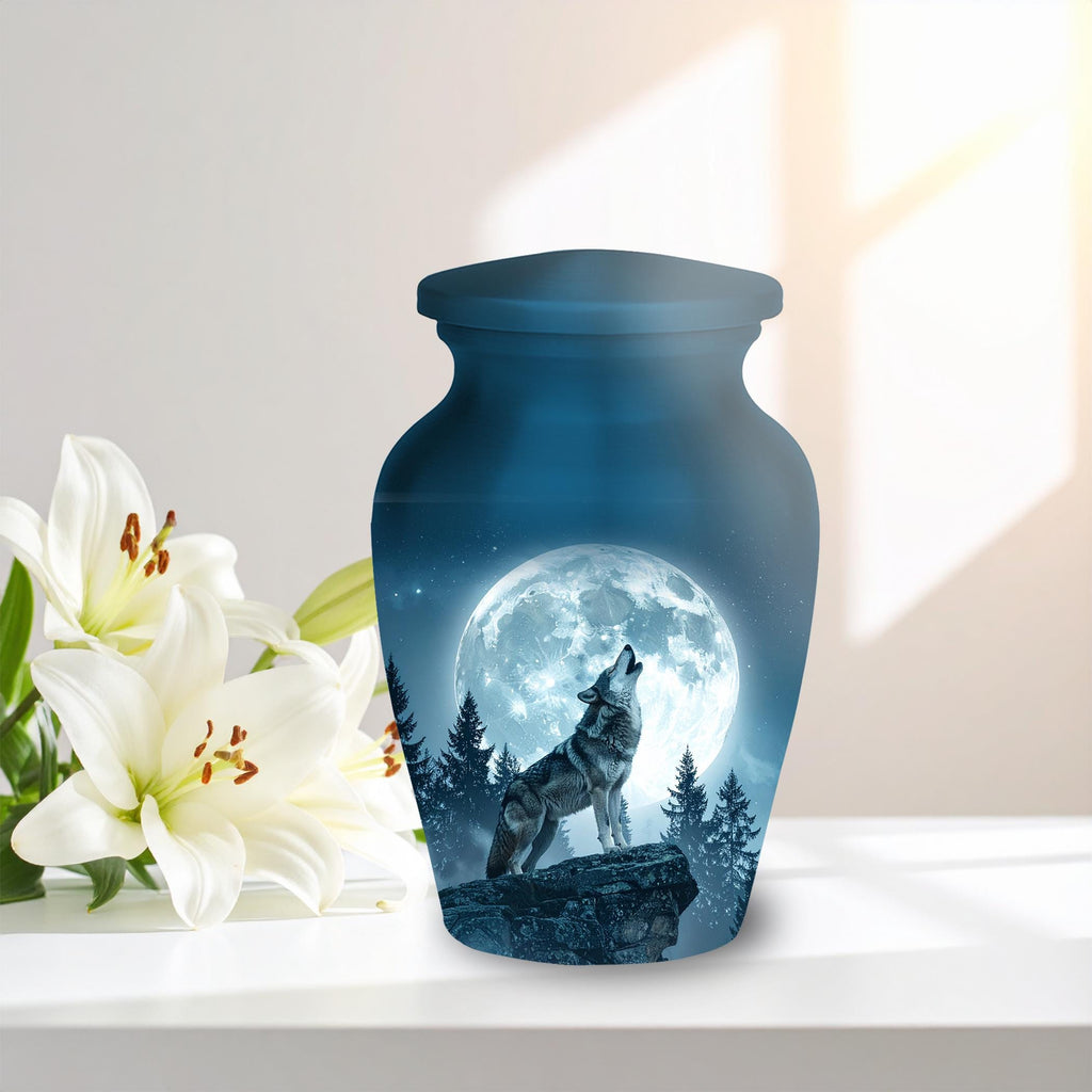 wolf moon wildlife cremation urn for human ashes, handmade aluminum memorial urn – photo 3
