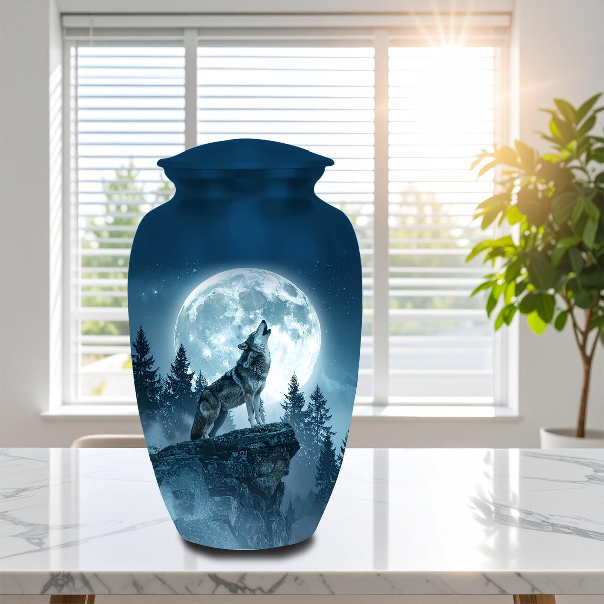 wolf moon wildlife cremation urn for human ashes, handmade aluminum memorial urn – photo 6
