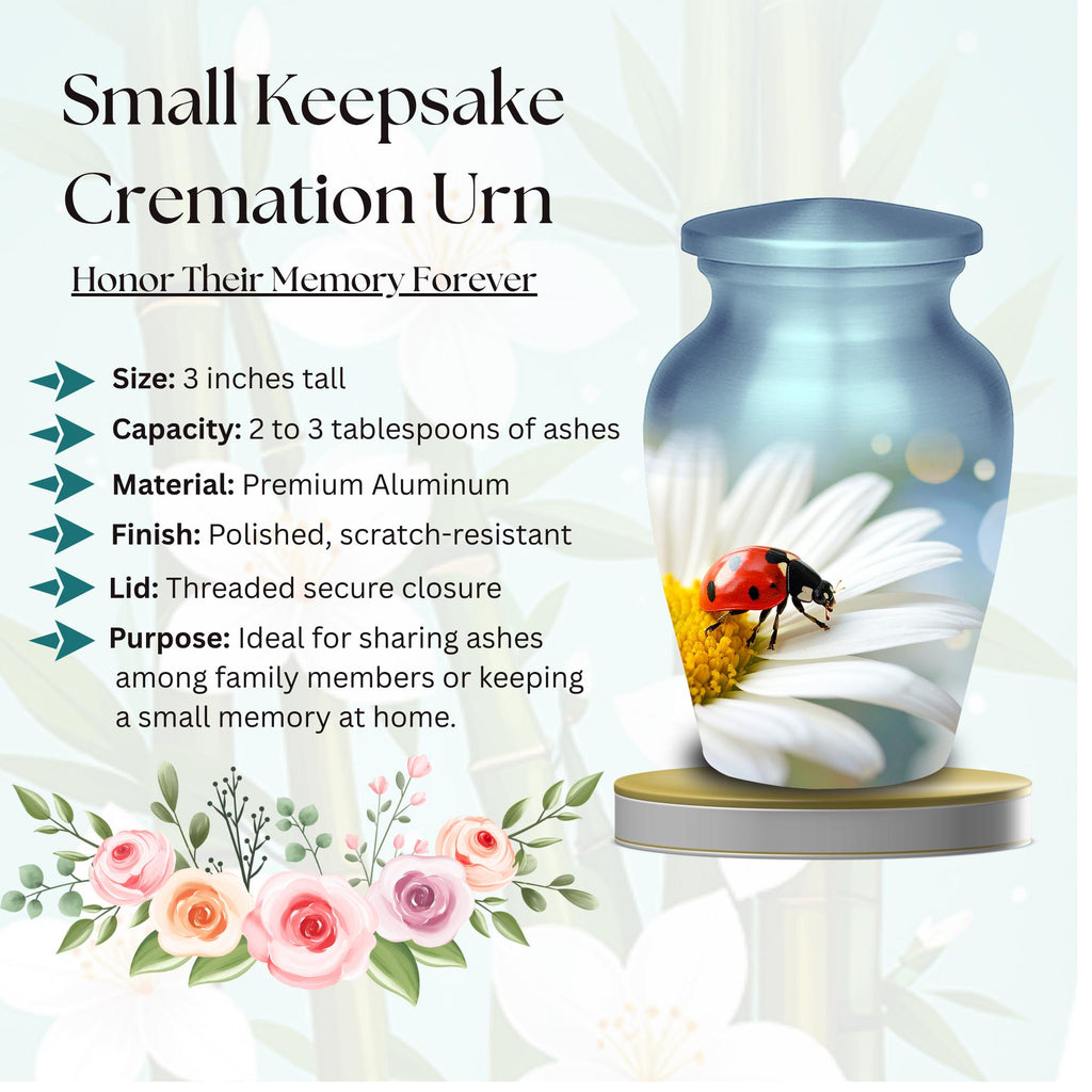 ladybug daisy flower cremation urn for human ashes, handmade aluminum memorial urn – photo 4