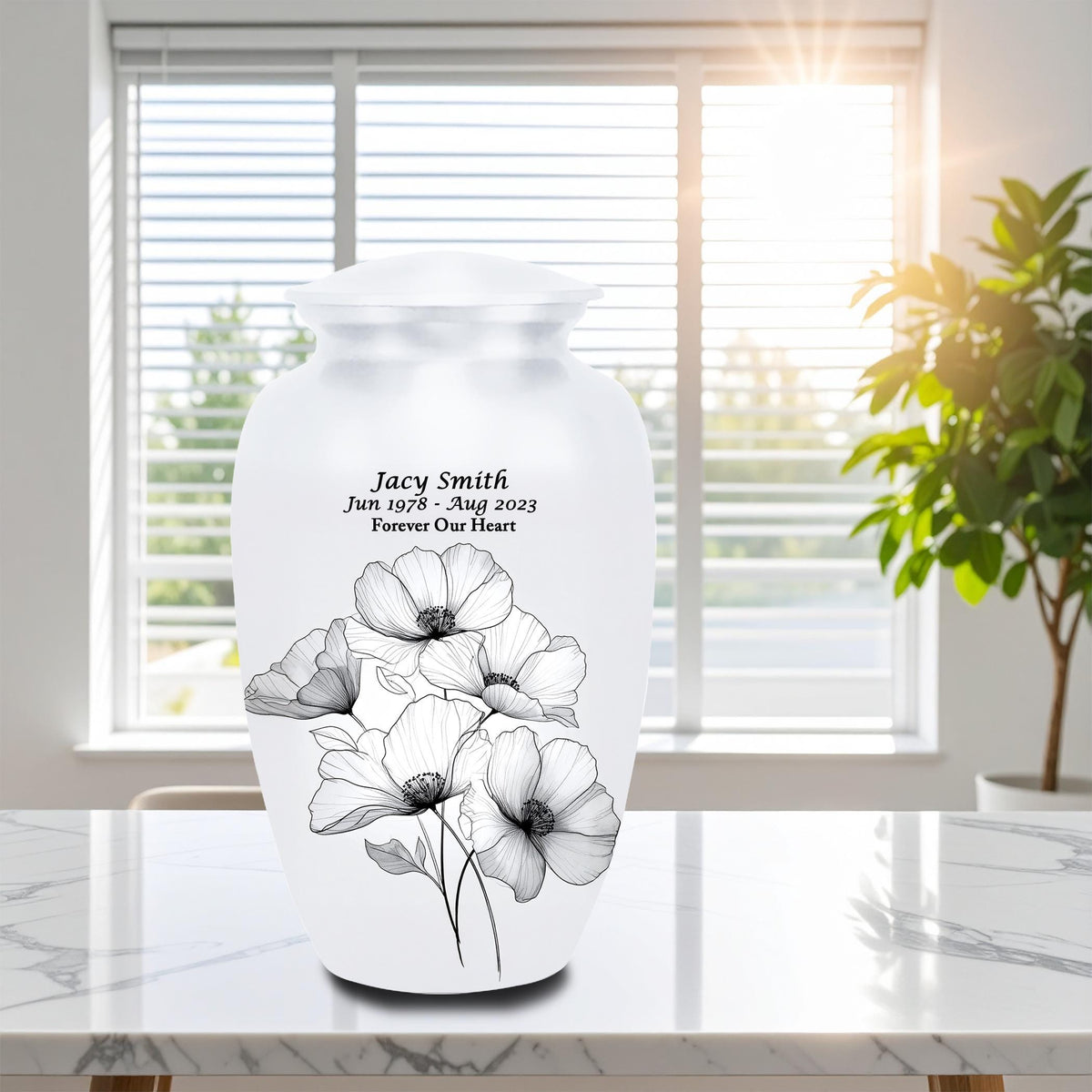 white floral cremation urn for human ashes, handmade aluminum memorial urn – photo 5
