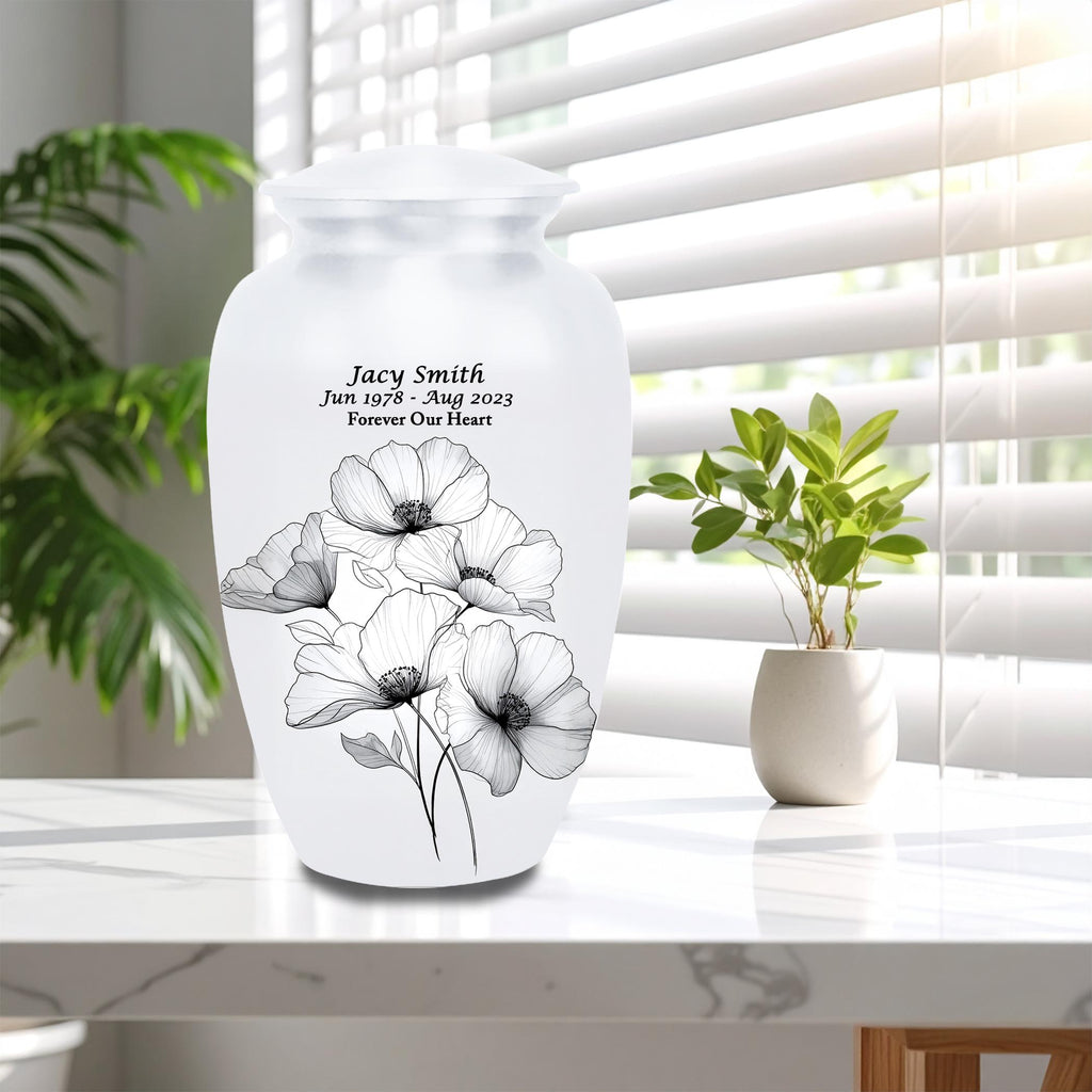 white floral cremation urn for human ashes, handmade aluminum memorial urn – photo 10