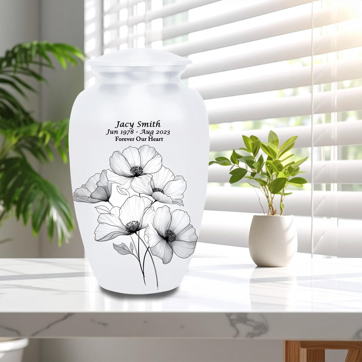 white floral cremation urn for human ashes, handmade aluminum memorial urn – photo 10