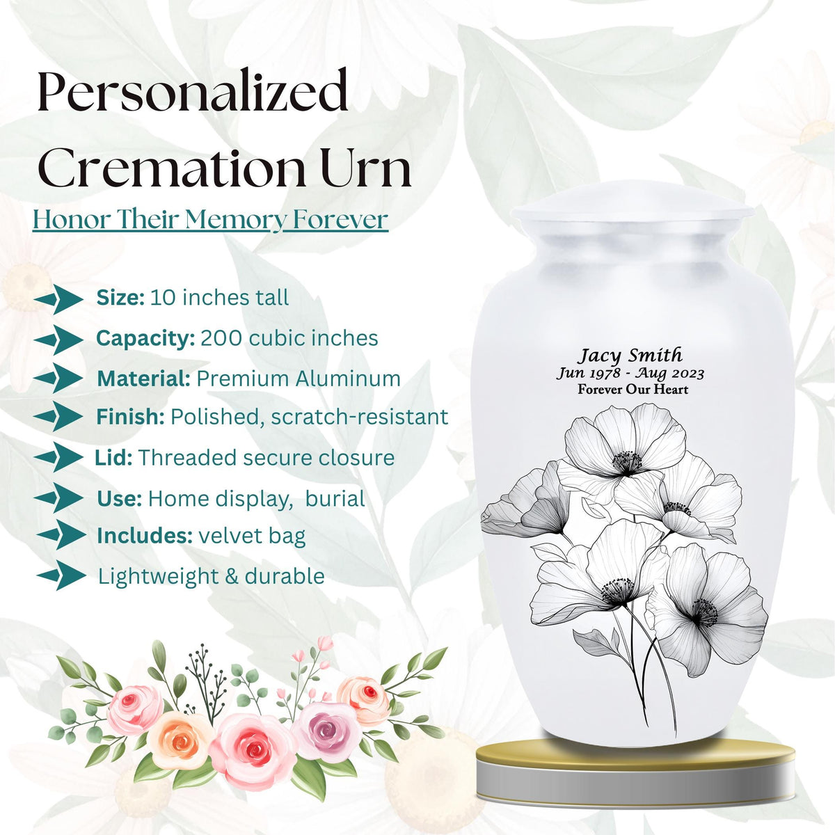 white floral cremation urn for human ashes, handmade aluminum memorial urn – photo 2