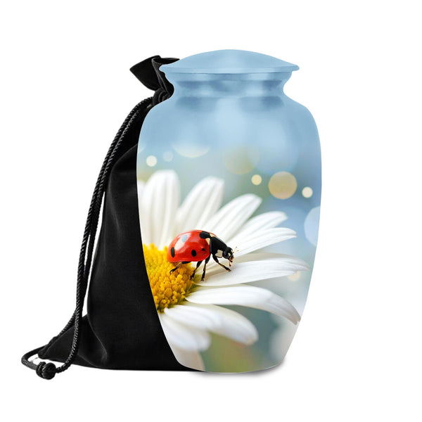ladybug daisy flower cremation urn for human ashes, handmade aluminum memorial urn – photo 1
