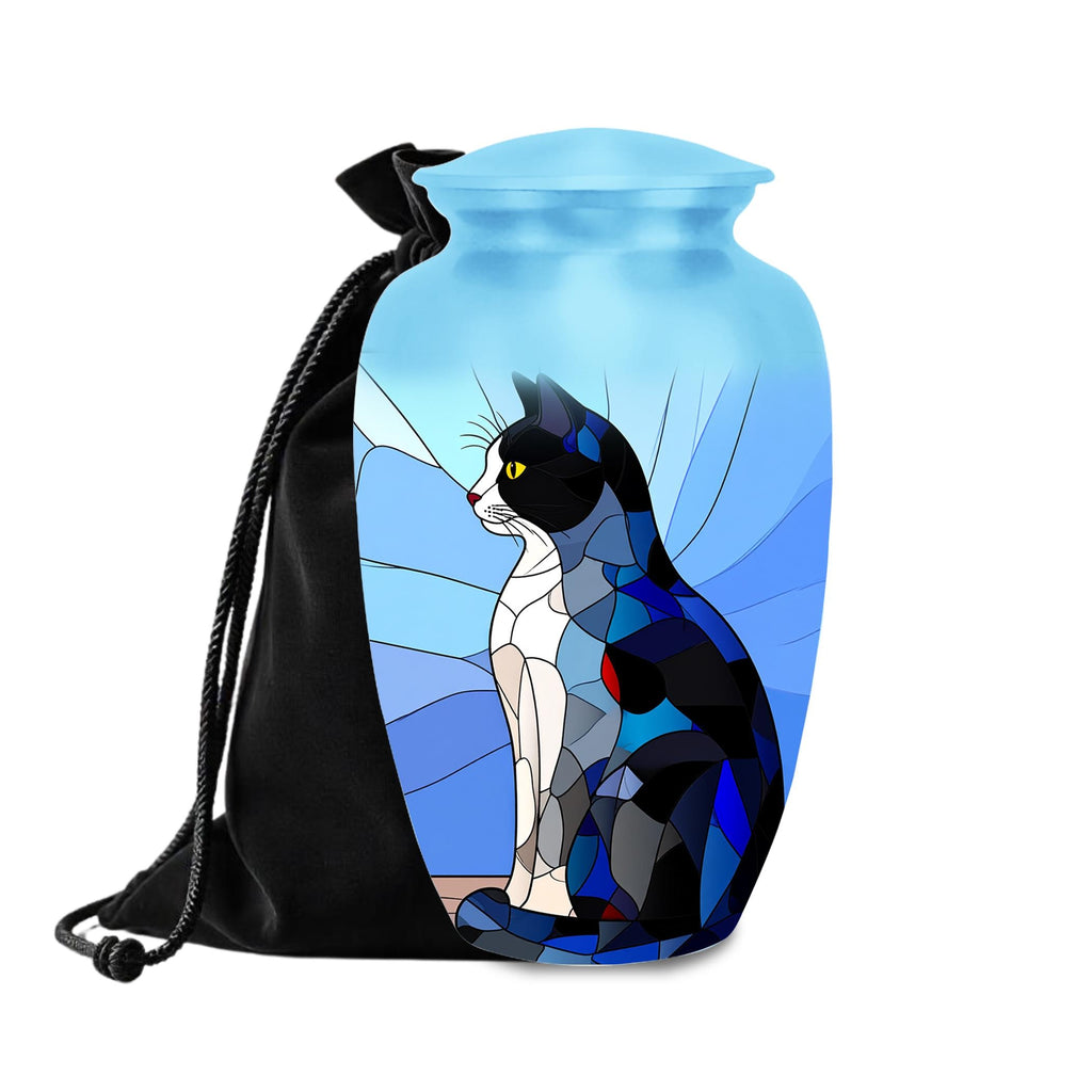 stained glass black and white cat cremation urn for pet ashes, handmade aluminum memorial urn – photo 5