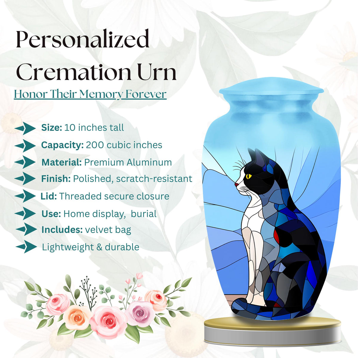 stained glass black and white cat cremation urn for pet ashes, handmade aluminum memorial urn – photo 2