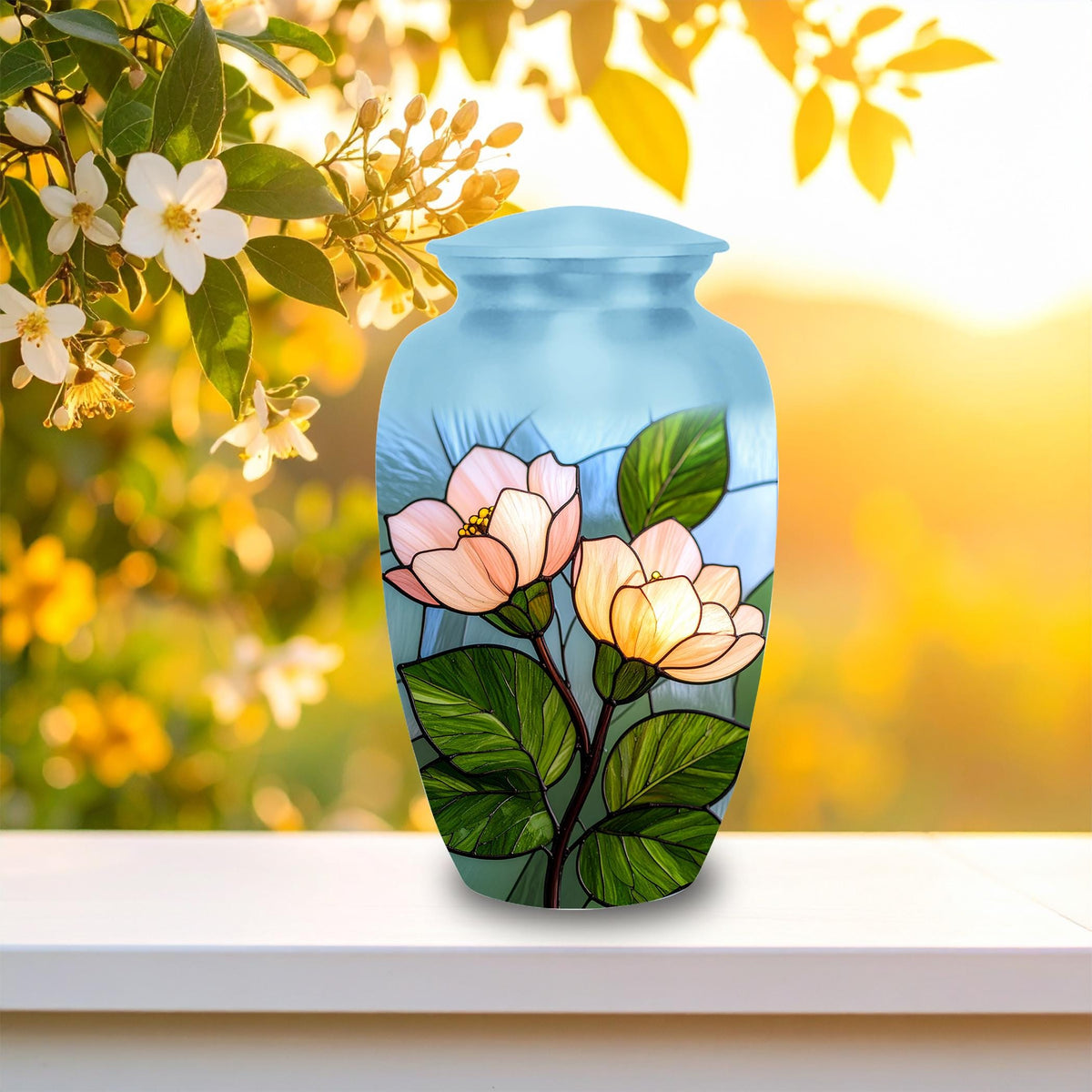 pink magnolia stained glass cremation urn for human ashes, handmade aluminum memorial urn – photo 3
