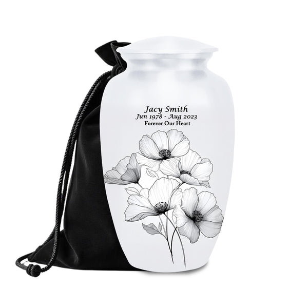 white floral cremation urn for human ashes, handmade aluminum memorial urn – photo 1