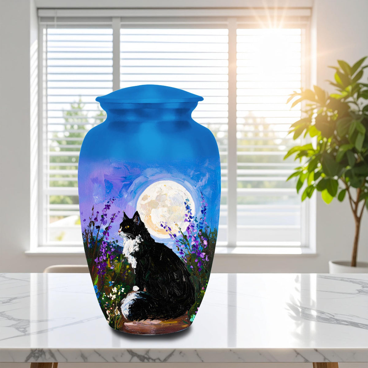 black cat lavender moon cremation urn for pet ashes, handmade aluminum memorial urn – photo 1