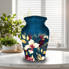 navy blue gold floral cremation urn for human ashes, handmade aluminum memorial urn – photo 5