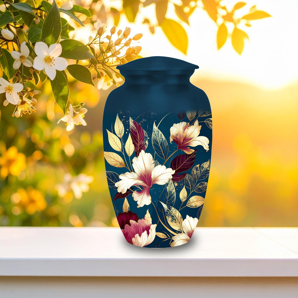 navy blue gold floral cremation urn for human ashes, handmade aluminum memorial urn – photo 4