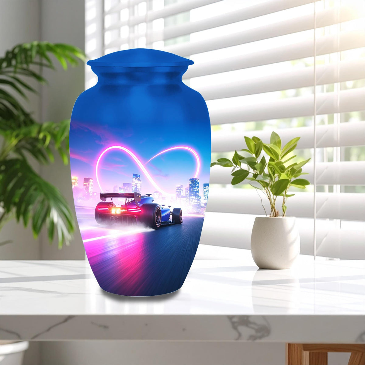 blue racing car cremation urn for human ashes, handmade aluminum memorial urn – photo 10