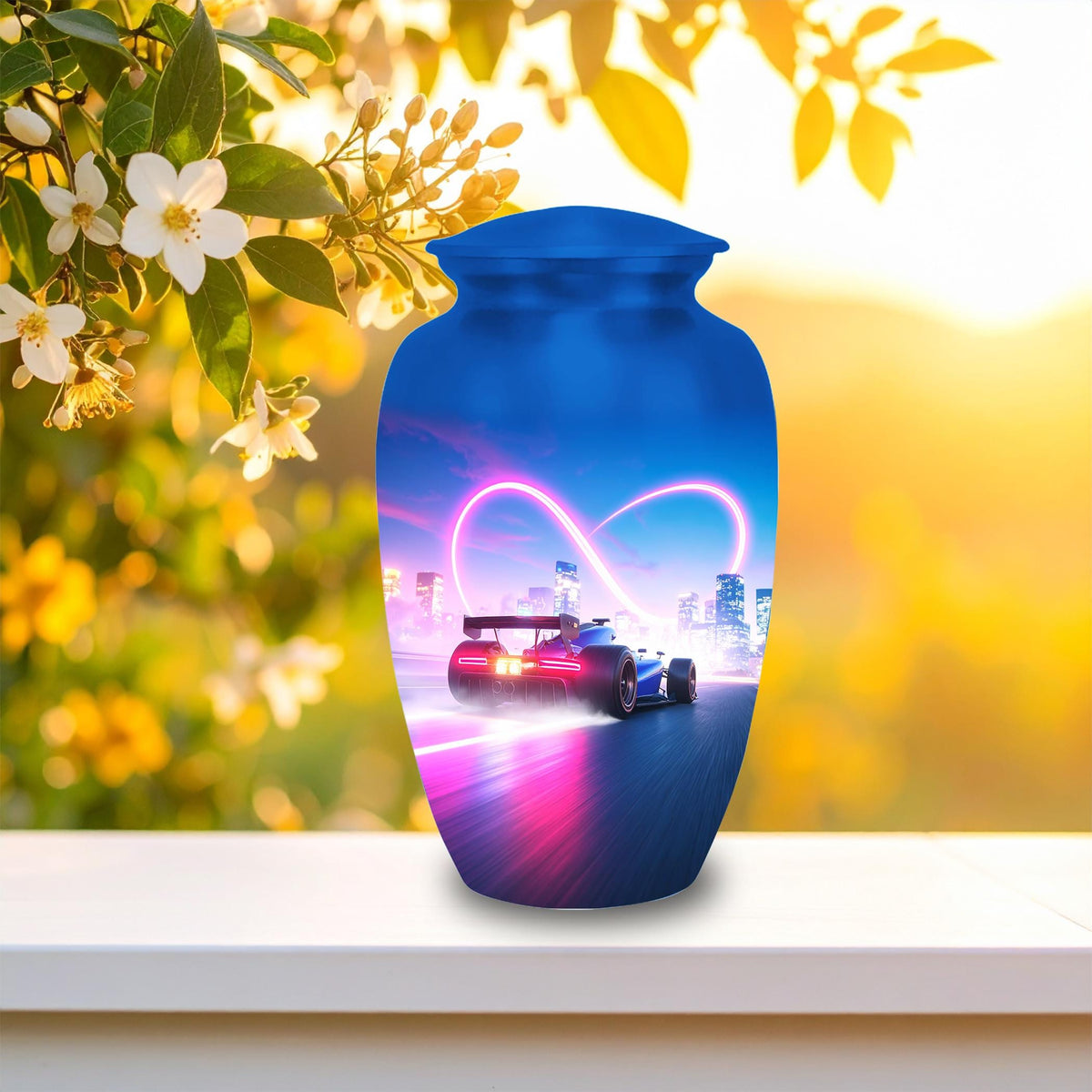 blue racing car cremation urn for human ashes, handmade aluminum memorial urn – photo 4