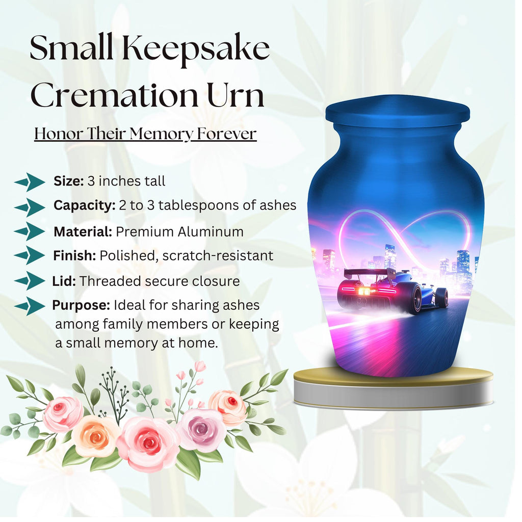 blue racing car cremation urn for human ashes, handmade aluminum memorial urn – photo 7